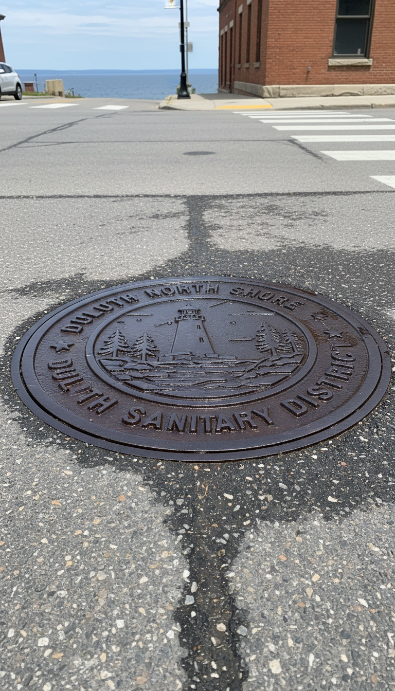 A manhole cover with the words 'Duluth North Shore Sanitary District' engraved on it, realistic setting, clean look